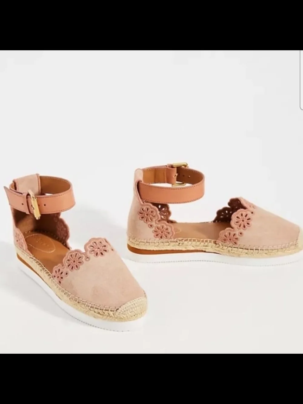 See By Chloe Glyn Natural Floral Scalloped Suede Ankle Strap Espadrille Womens 7